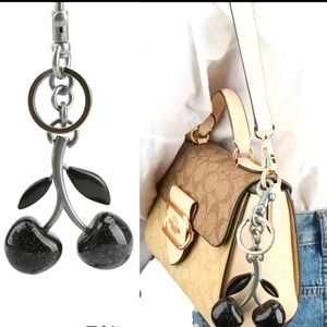 Black Resin and Silver Metal Cherry Keychain Bag Charm for Purse